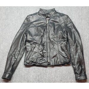 Brooks Motorcycle Jacket Womens 30 Black Leather Snap Band Lined Zip Pockets USA